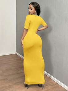 SHEIN SXY 女士纯色V领修身短袖连衣裙 Hoco连衣裙 - 黃色 - 查看 2