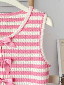 Bộ 2 món áo vest dệt kim sọc hồng có nơ cho bé gái tuổi teen, trang phục thường ngày đa năng. - Hồng - Xem 4