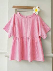 SHEIN EZwear Áo sơ mi nữ tay ngắn cổ tròn kẻ sọc đỏ trắng, kiểu dáng thường ngày, thích hợp cho mùa hè. - Đỏ và trắng - Xem 4
