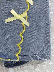 SHEIN Playful Pals 2件組 嬰兒女童淡黃色領口無袖蝴蝶結刺繡V領背心上衣 & 彈性腰輕藍色裙褲 夏季可愛度假風 - 黃色 - 查看 7