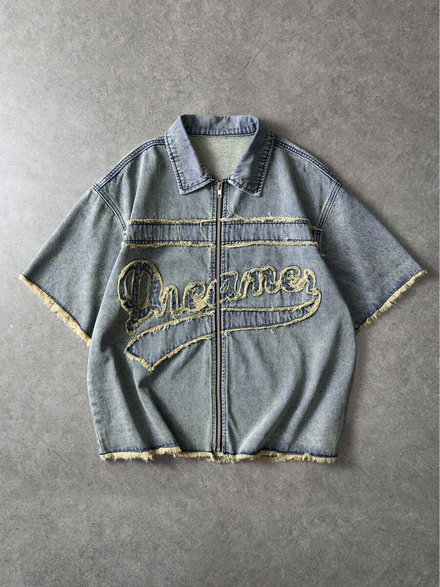 ROMWE MEN 男士短袖毛边牛仔夹克，时尚拉链百搭夏季上衣 - 藍色 - 查看 1