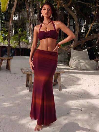 Optris Red, Orange, Purple Tie-Dye Tie Dye Mesh Printed Mermaid Skirt, Elegant For Women's Summer Vacation, Beach Walk, Date, Shopping, Party, Versatile,Elegant For Summer Vacation, Beach, Party, Romantic Outing, Daily Casual Wear,Summer Holiday Outfits,Formal Dress, Women's Social Outfits,Festival Outfits,Party Dress,Beach Outfit For Women,Wedding Party Dress,City Dressing,Boho Style,Vacation From Day To Night Skirt Sets Two Pieces Women's Beach Outfits Beach Outfits For Woman 2 Pieces Bikini Set With Lon