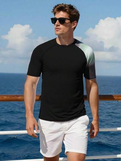 Manfinity Swimmode Men's Contrast Color Round Neck Summer Short Sleeve Rash Guard