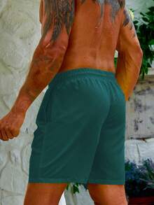 Manfinity KASUA Pantalones cortos de playa para hombre de unicolor simple con cintura con cordón y bolsillos inclinados, adecuados para vacaciones de verano y días festivos - Verde Oliva - Ver 2