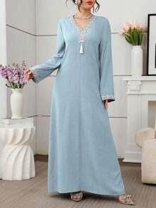 Al Najma Đầm maxi dài tay rộng rãi, thanh lịch, thêu họa tiết truyền thống Thổ Nhĩ Kỳ và Ả Rập dành cho phụ nữ. - Màu xanh lam - Xem 7