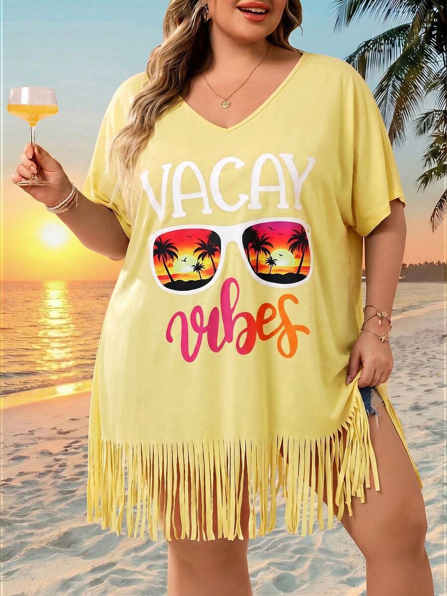 SHEIN CURVE+ Curve 尺码 US22 音乐节、海滨度假、波西米亚风女士 V 领印花宽松沙滩罩衫，适合夏季海滩度假