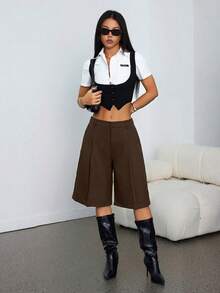 SHEIN PETITE Spring Minimalist Commuter Grey Bermuda Shorts For Women - Brown - View 4