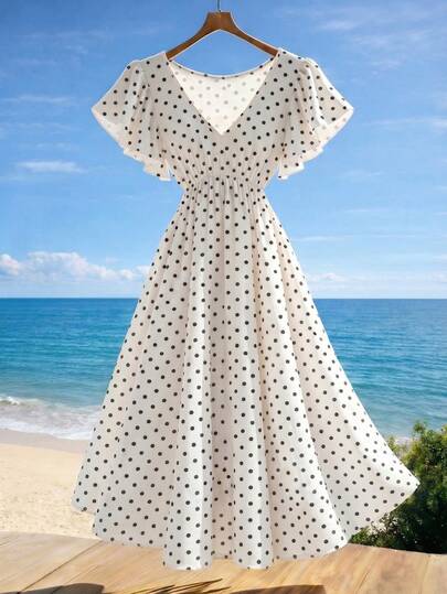 GlowEve 女士波点印花V领中长连衣裙，夏季时尚