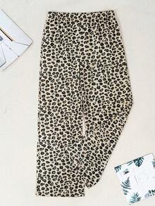 SHEIN Cotton Brown Leopard Pattern Long Pants Comfort Casual Breathable Homewear Women Lounge Bottom - Multicolor - View 2