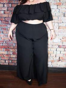 Truni Casual Basic Off-Shoulder Ruffle Wide Leg Jumpsuit Plus Size For Women,Holiday Outfits, For Pear Triangle Body Shape, For Body Shape, For Summer - Black - View 4