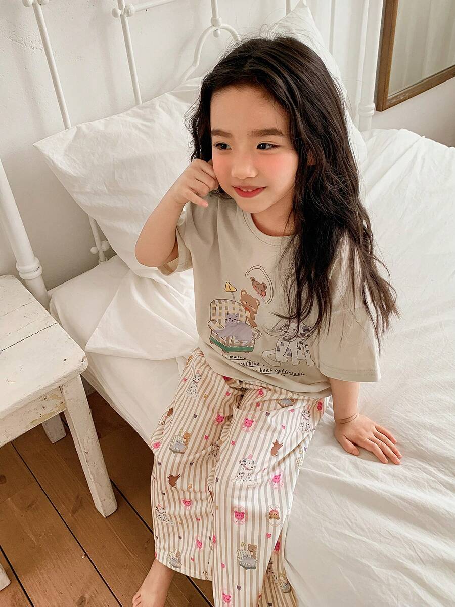 DAZY Set Piyama Atasan dan Celana Lengan Pendek Leher Bulat Motif Minimalis untuk Anak Perempuan - Khaki - View 1