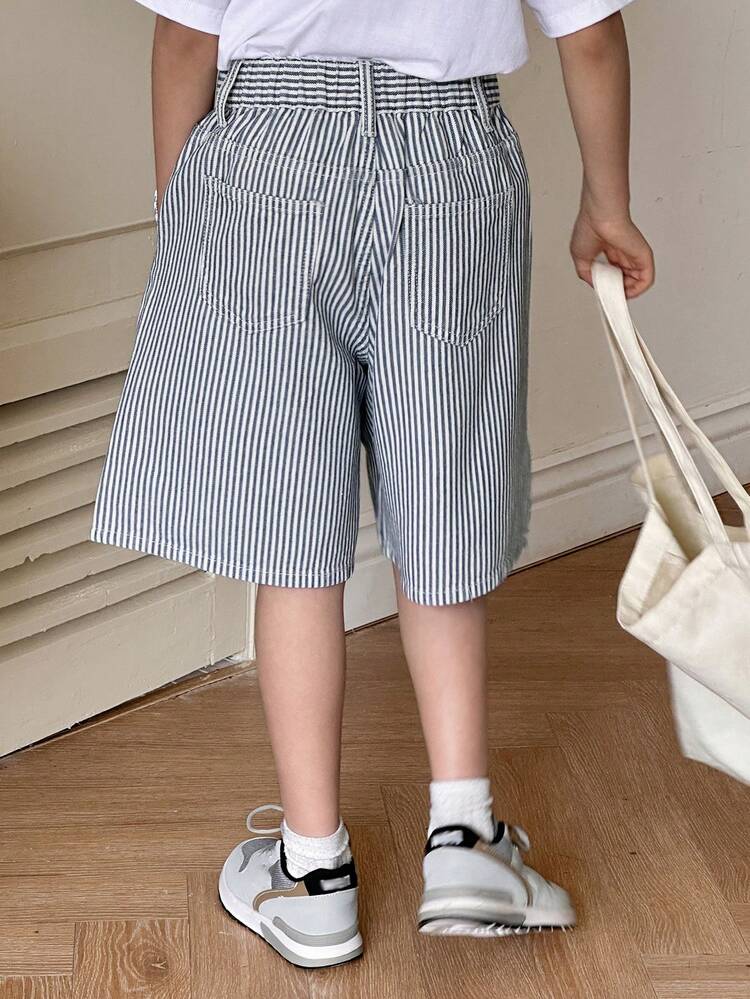 Striped Casual Slim Fit Straight A-Line Knee-Length Shorts For Big Boys, Summer