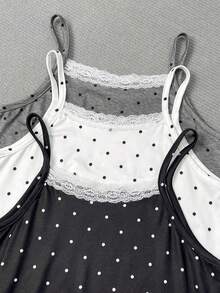 Tween Girl 3pcs Summer Casual Beach Vacation Polka Dot Print Contrast Lace Bow Decor Camisole - Multicolor - View 5