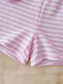 SHEIN 青少年女孩條紋圓領落肩上衣與綁帶腰短褲2件式休閒套裝，夏季 - 粉色 - 查看 9