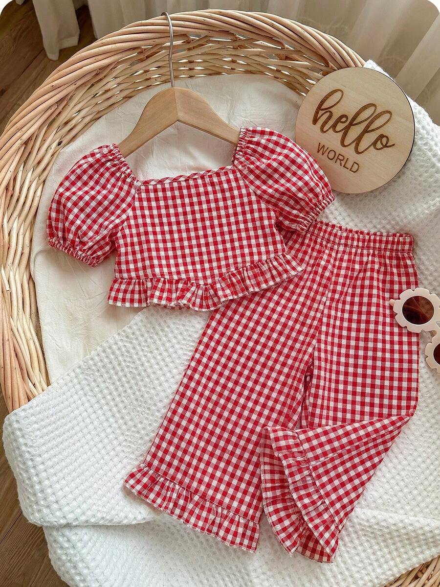 SHEIN Set Atasan dan Celana Lengan Pendek Warna Polos Lucu untuk Bayi Perempuan di Musim Panas - MultiWarna - View 1