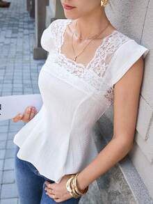 Modelyn White Floral Square Collar Lace Patchwork Textured Open Back Slim Fit Elegant Romantic Sexy Blouse For Women Garden Party Tea Party Wedding Summer - White - View 10