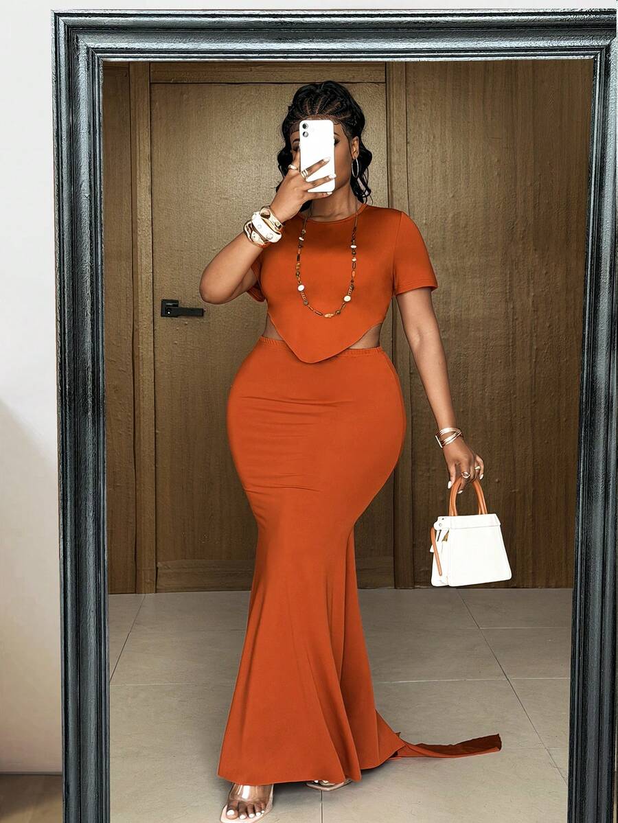 Maweii Plus Size Women Summer Sexy Solid Color Asymmetric Hem Top And Mini Skirt Set - Orange - View 1