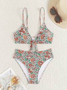 SHEIN Swim Summer Beach Women Vacation Floral Printed Front Knot Simple Fashionable Bikini Set Floral Pattern Random - Multicolor - View 5