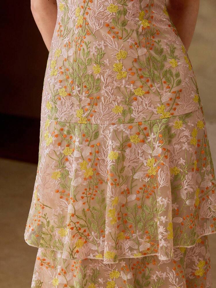ELEGANT EMBROIDERED MESH TIE SHOULDER RUFFLE HEM DRESS, VACATION STYLE
