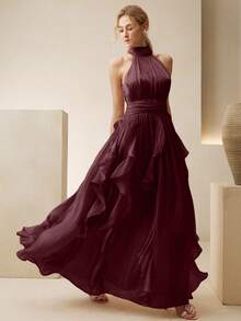 ante sin mangas con cuello halter y pliegues en la cintura para mujer, vestido con dobladillo ondulado brillante y estilizador, color vino tinto, adecuado para banquetes, fiestas y reuniones - Burdeos - Ver 2