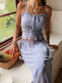DAZY Frühling/Sommer Damen einfarbiges Rüschen-Knoten-Camisole-Top und Rock lässiges 2-teiliges Set - Khaki - Übersicht 5