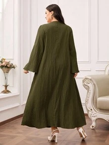 Al Najma Plus Size Women's Solid Color Long Sleeve Arabic Style Dress - Army Green - View 2