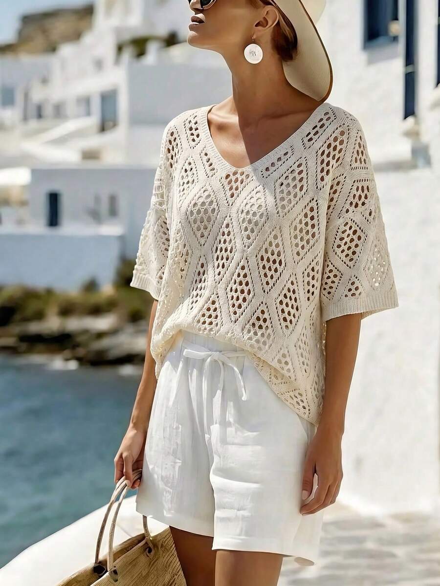 Breezaya Nueva llegada Blusa de punto calado de unicolor para mujer - Cuello redondo con patrón geométrico de puntos, acabado acanalado, encanto femenino costero y estilo casual relajado - Albaricoque - Ver 1