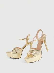 CUCCOO LuxiPop Women's Pointed Toe Stiletto High Heel Sandals, Mesh Strap Wedding Party Versatile Commute Thick Sole Shoes - Gold - View 6
