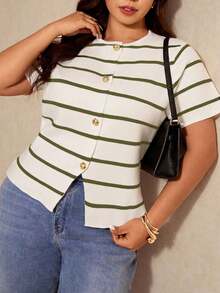 Elaquor Plus Size Round Neck Short Sleeve Striped Front Button Knit Top - Multicolor - View 7