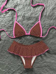 Swim Mod Bộ bikini nữ kiểu retro chấm bi đỏ trắng, áo bikini tam giác siêu nhỏ viền tương phản gợi cảm và chân váy siêu ngắn, đồ bơi thời trang thường ngày, ngọt ngào, cổ điển, gợi cảm cho kỳ nghỉ. - Nhiều màu - Xem 1