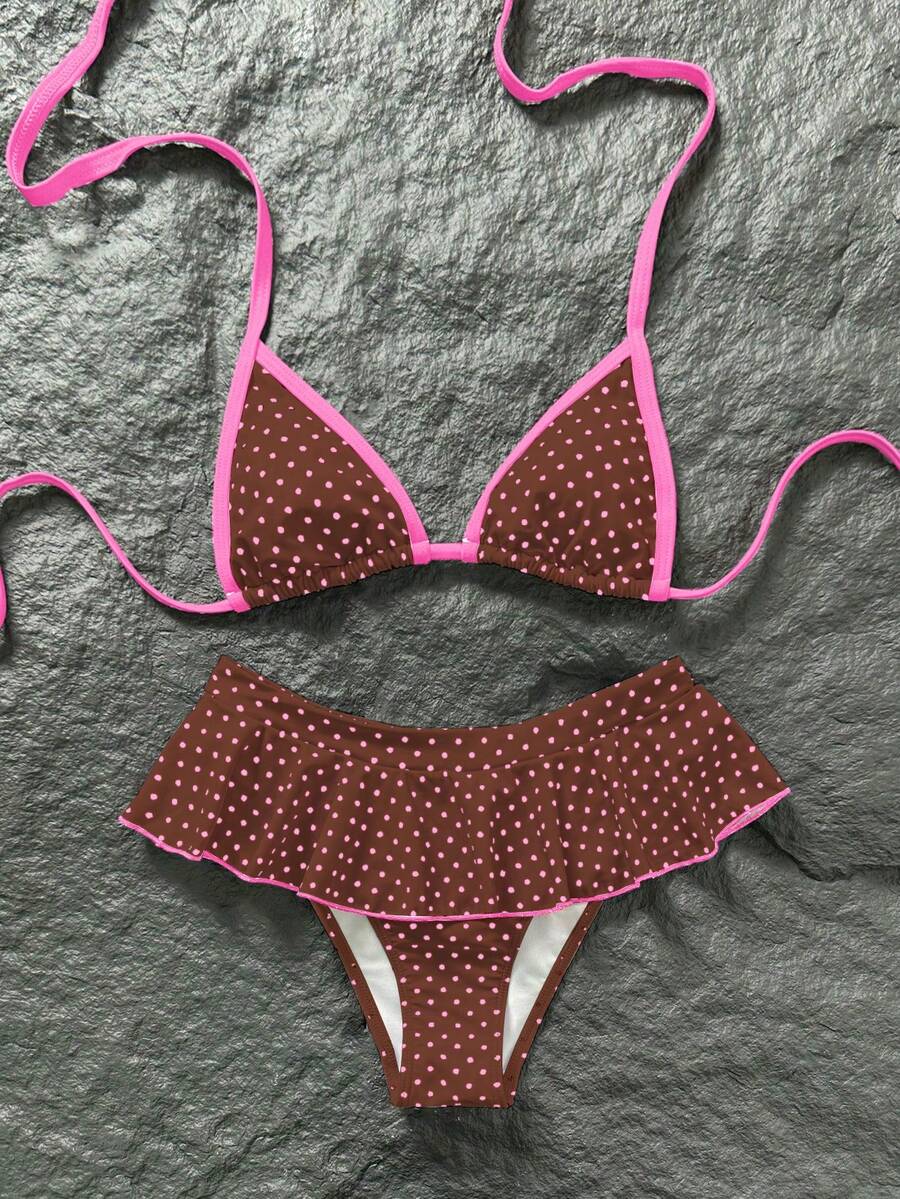 Swim Mod Bộ bikini nữ kiểu retro chấm bi đỏ trắng, áo bikini tam giác siêu nhỏ viền tương phản gợi cảm và chân váy siêu ngắn, đồ bơi thời trang thường ngày, ngọt ngào, cổ điển, gợi cảm cho kỳ nghỉ. - Nhiều màu - Xem 1