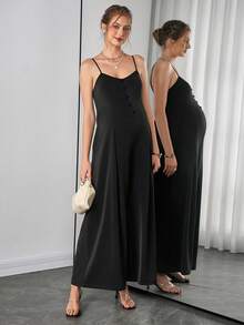 SHEIN Bộ áo liền quần cho bà bầu thanh lịch, trang nhã, cài cúc, dây mảnh, xếp ly, ống rộng, thích hợp cho mùa xuân/hè. - màu đen - Xem 3