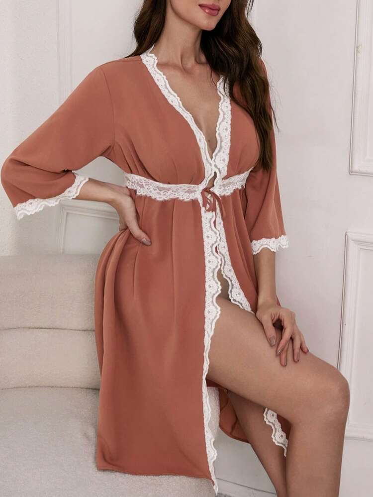 Women's Mid-Length Sweet Contrast Color Lace Patchwork Robe, Summer
