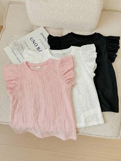 SHEIN LMoss Kids 3pcs Tween Girls' Casual Jacquard Knit Solid Color Round Neck Cap Sleeve Tops