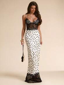 SHEIN BAE Đầm satin đen phối ren chấm bi gợi cảm, ôm sát, thích hợp cho kỳ nghỉ, đi biển, phù dâu, đám cưới, mặc mùa xuân/hè, đầm Chelsea chấm bi mùa xuân/hè. - Đen và trắng - Xem 4