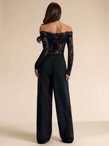 SHEIN BAE Black Long Sleeve Sexy Off-Shoulder Lace Jumpsuit, Tight-Fitting Flared Leg, Spring/Summer - Black - View 2
