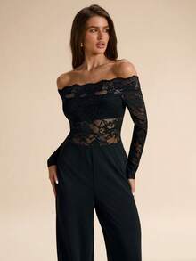 SHEIN BAE Black Long Sleeve Sexy Off-Shoulder Lace Jumpsuit, Tight-Fitting Flared Leg, Spring/Summer - Black - View 5