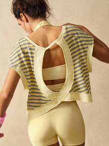 VARSIVA Round Neck Short Sleeve Backless Striped Casual Loose Summer Sports Tank Top - Yellow - View 7