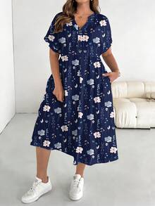 SHEIN Essnce 大码夏季休闲碎花V领系腰连衣裙 - 藏蓝色 - 查看 5