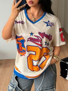 Coolane 男女大尺碼夏季寬鬆包容性尺碼街頭風比賽日返校季節慶復古街頭運動風數字印花大尺碼棒球球衣T恤日常米白色 - 米色 - 查看 7
