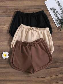 Emery Rose Kids Emery Rose Kids 3入組純色針織蝴蝶結休閒短褲套裝，適合青少年女孩 - 卡其色 - 查看 4