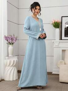 Al Najma Đầm maxi dài tay rộng rãi, thanh lịch, thêu họa tiết truyền thống Thổ Nhĩ Kỳ và Ả Rập dành cho phụ nữ. - Màu xanh lam - Xem 6