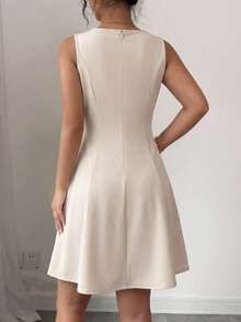 Modelyn Women's Elegant Sophisticated Socialite Gentle Floral Sleeveless Waist Cinched A-Line Dress - Apricot - View 3