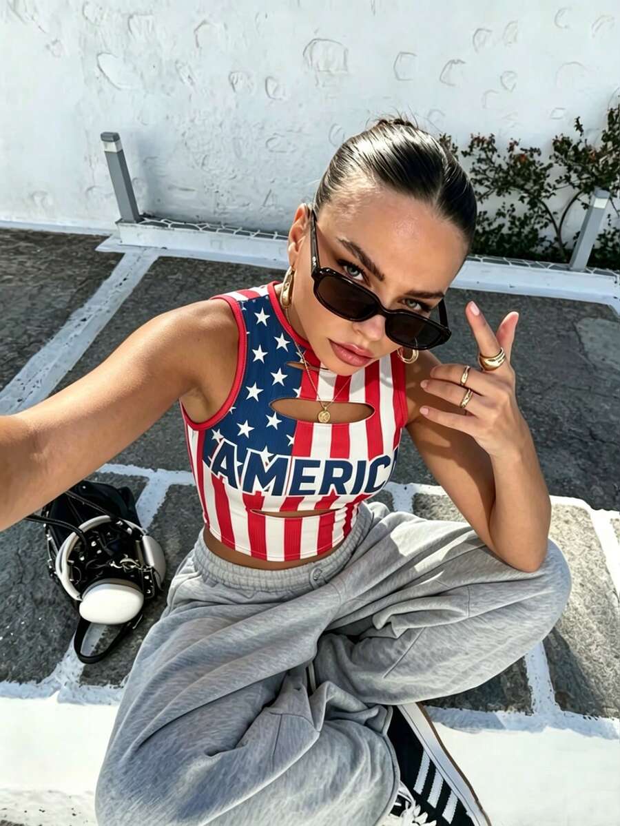 Gowayae 2026 Summer New Y2K American Retro AMERICA Flag Print Cutout Sleeveless Crop Top For Women Slim Fit Sexy Tank Top Music Festival Daily Wear 2000s Style - Red and White - View 1