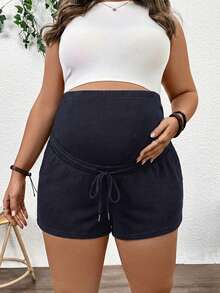 Plussiva 大码孕妇纯色弹力腰带口袋休闲夏季下装 - 藏蓝色 - 查看 5