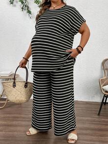 Plussiva 大码孕妇休闲度假通勤条纹印花蝙蝠袖短袖宽松上衣和阔腿裤两件套，春夏秋季 - 黑色 - 查看 4