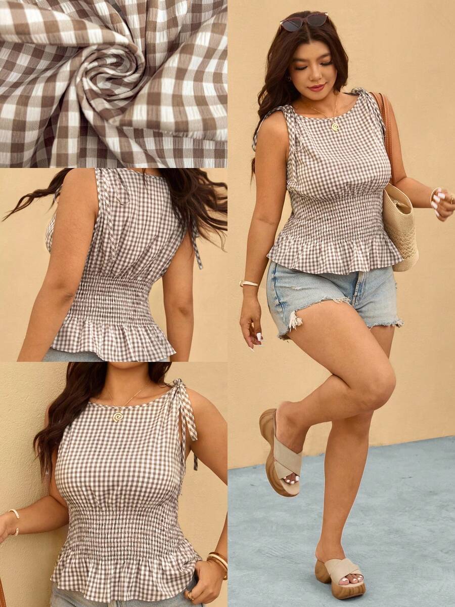 Elaquor Áo tank top nữ cỡ lớn kẻ caro thắt nút vai, viền bèo nhún - Màu be - Xem 1