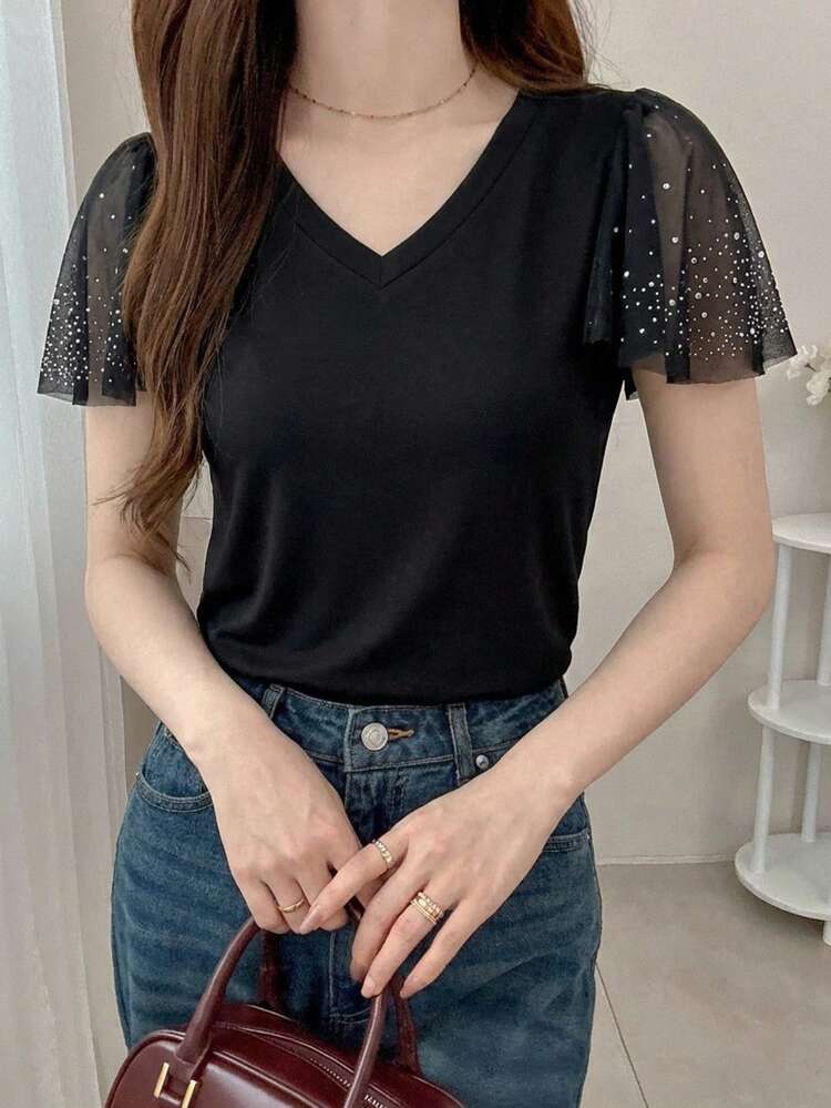 Women's V-Neck Short Sleeve Patchwork Sleeve Elegant Rhinestone Casual Pullover T-Shirt, Summer