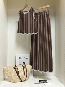 SHEIN Frenchy 2 piezas Conjunto de camisa y pantalones con patrón de rayas asimétrico casual, adecuado para vacaciones de primavera/verano - Multicolor - Ver 7