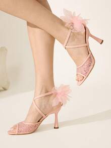 CUCCOO CHICEST Women Shoes Autumn New Mesh Yarn With Bow Stiletto Heels Round Toe Embroidered Sandals - Pink - View 1